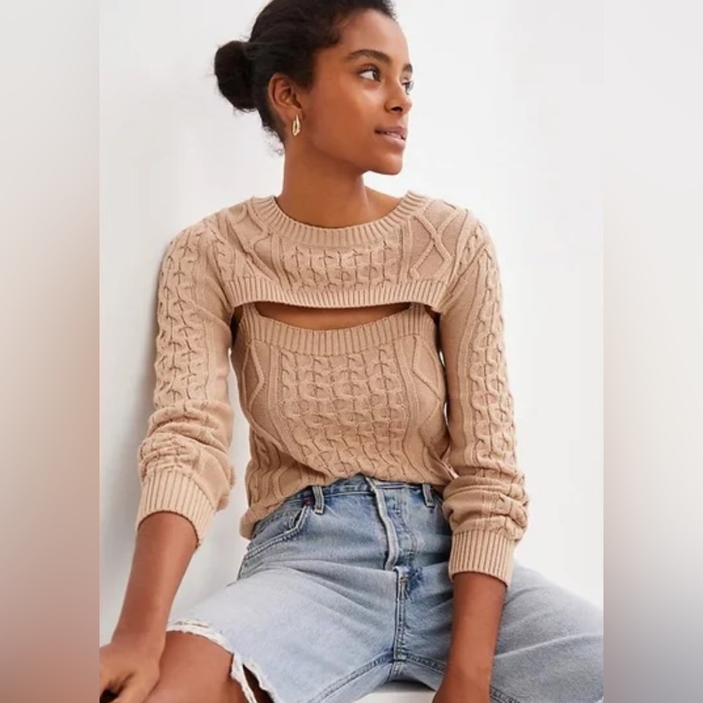 Anthropologie 2 piece set 
Tan Cable Knit Crop Crew Neck Sweater & Tank